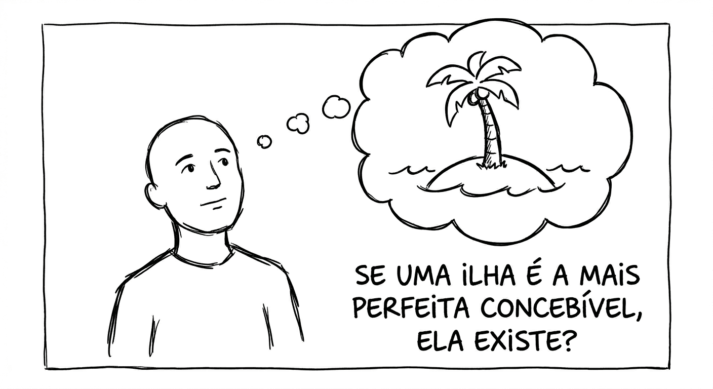 Pessoa vista do peito para cima, olhando para cima com expressão pensativa. Acima dela, um balão de pensamento contendo uma ilha tropical com palmeira e ondas. Abaixo do balão, a pergunta em letras maiúsculas: "Se uma ilha é a mais perfeita concebível, ela existe?"