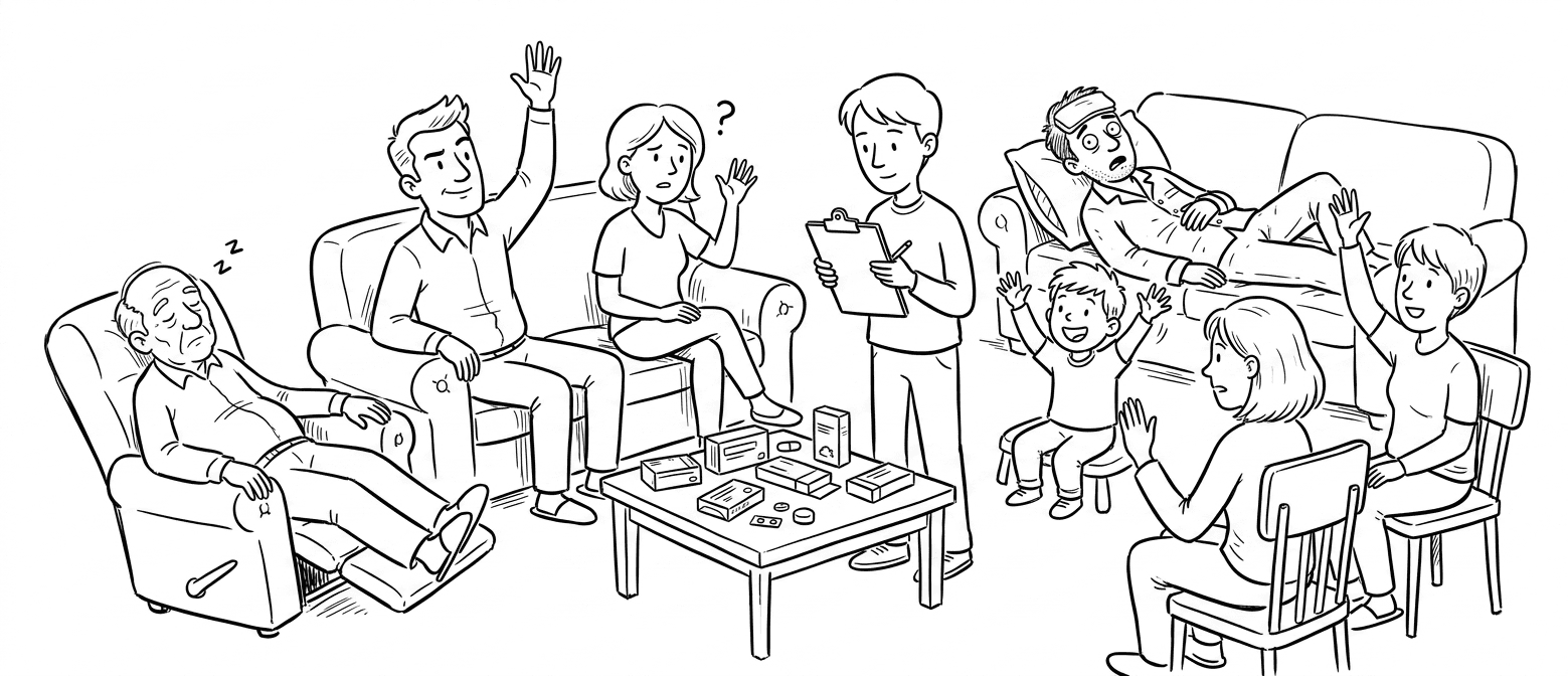 Família reunida na sala de estar fazendo uma votação com as mãos levantadas para decidir qual remédio dar a um homem doente, que observa a cena do sofá com expressão preocupada. Sobre a mesinha, várias caixas de remédios diferentes.