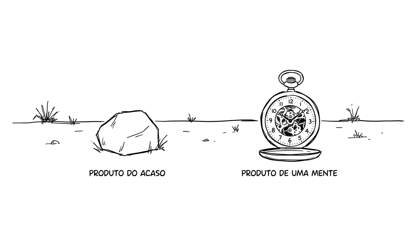 Desenho em preto e branco de um descampado com chão e tufos de vegetação esparsos. No chão, dois objetos lado a lado. À esquerda, uma pedra irregular com a legenda "produto do acaso". À direita, um relógio de bolso aberto, mostrando o mostrador com números e as engrenagens internas visíveis, com a legenda "produto de uma mente".