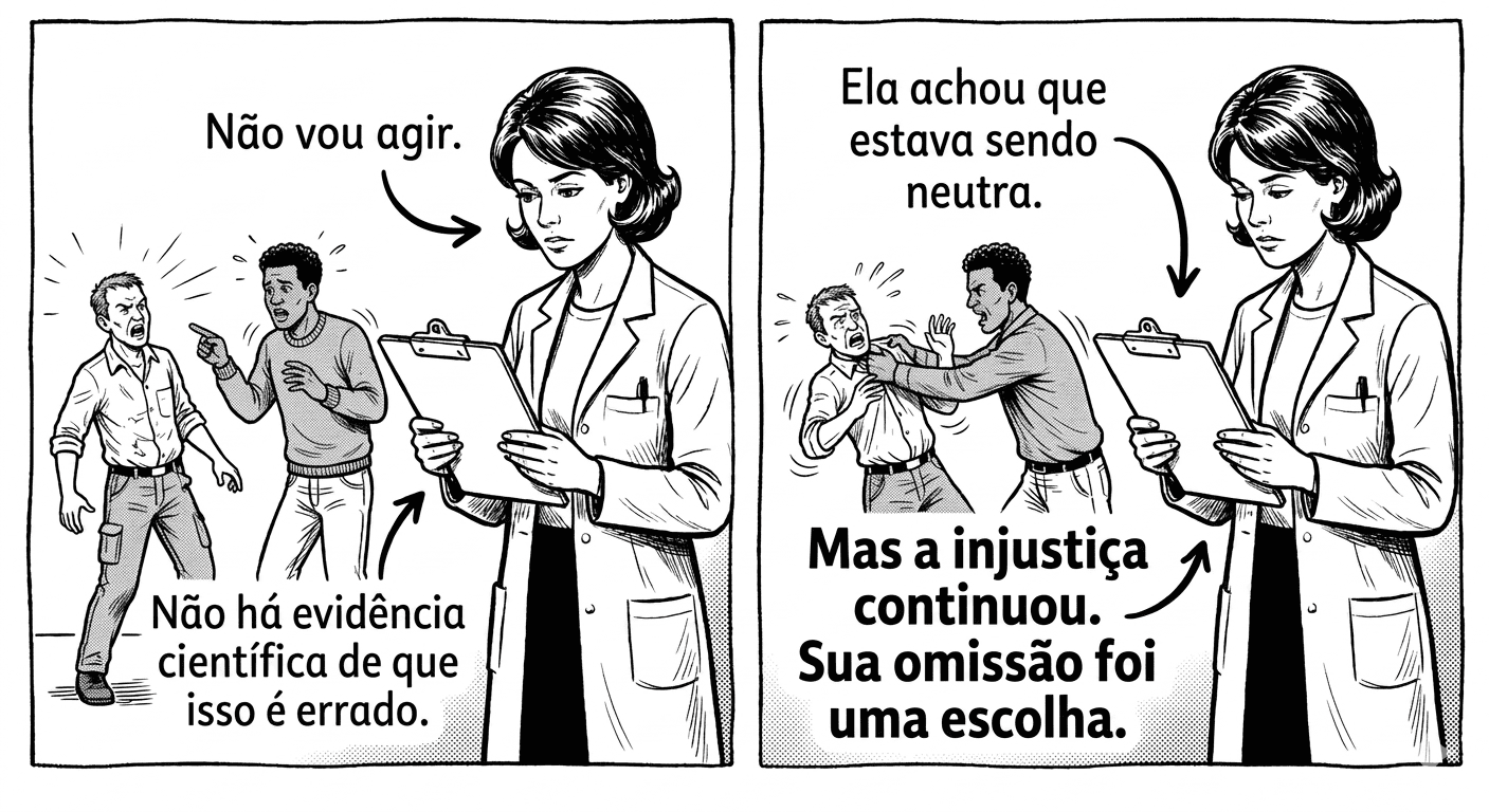 Tirinha em dois quadros sobre os limites da neutralidade científica. No primeiro quadro, uma cientista de jaleco segura uma prancheta e vira as costas para uma cena de conflito entre dois homens ao fundo, dizendo "Não vou agir." A legenda explica: "Não há evidência científica de que isso é errado." No segundo quadro, a mesma cena de agressão continua ao fundo enquanto a cientista permanece imóvel. O texto conclui: "Ela achou que estava sendo neutra. Mas a injustiça continuou. Sua omissão foi uma escolha."