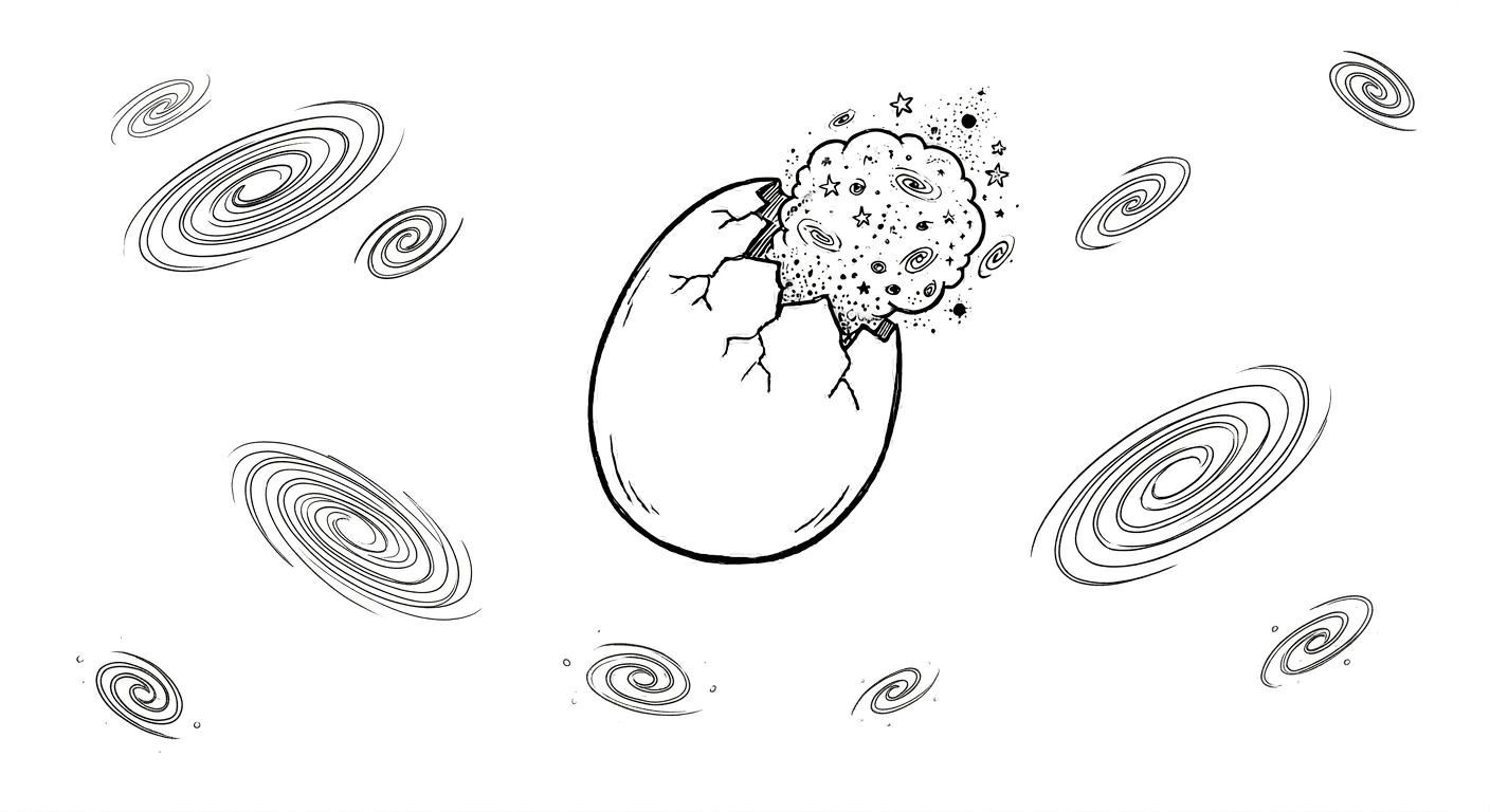 Desenho em preto e branco de um ovo grande no centro da imagem, com a casca rachada na parte superior. Pelas rachaduras escapa uma nuvem esférica preenchida com pequenas estrelas, espirais de galáxias e pontos dispersos, representando um universo recém-nascido. Ao redor do ovo, espalhadas pelo fundo branco, várias espirais de galáxias maiores em diferentes tamanhos sugerem o espaço cósmico onde o ovo está suspenso.