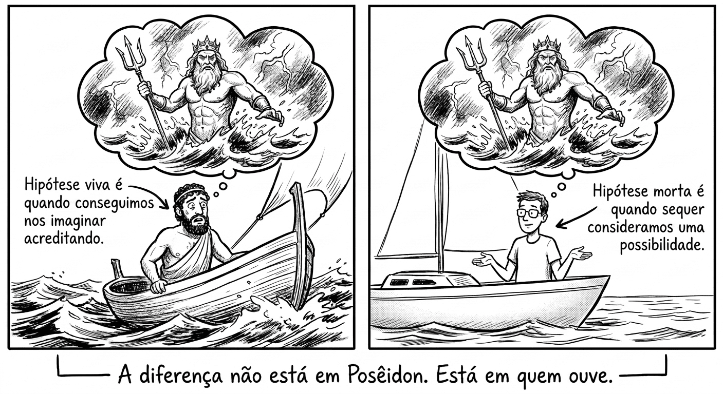 Tirinha em dois quadros explicando os conceitos de hipótese viva e morta segundo William James. No primeiro quadro, um homem em um barco a remo no mar agitado imagina Posêidon surgindo entre nuvens e trovões, com o texto: "Hipótese viva é quando conseguimos nos imaginar acreditando." No segundo quadro, um homem moderno em um veleiro imagina a mesma figura de Posêidon, mas com o texto: "Hipótese morta é quando sequer consideramos uma possibilidade." Na legenda inferior: "A diferença não está em Posêidon. Está em quem ouve."