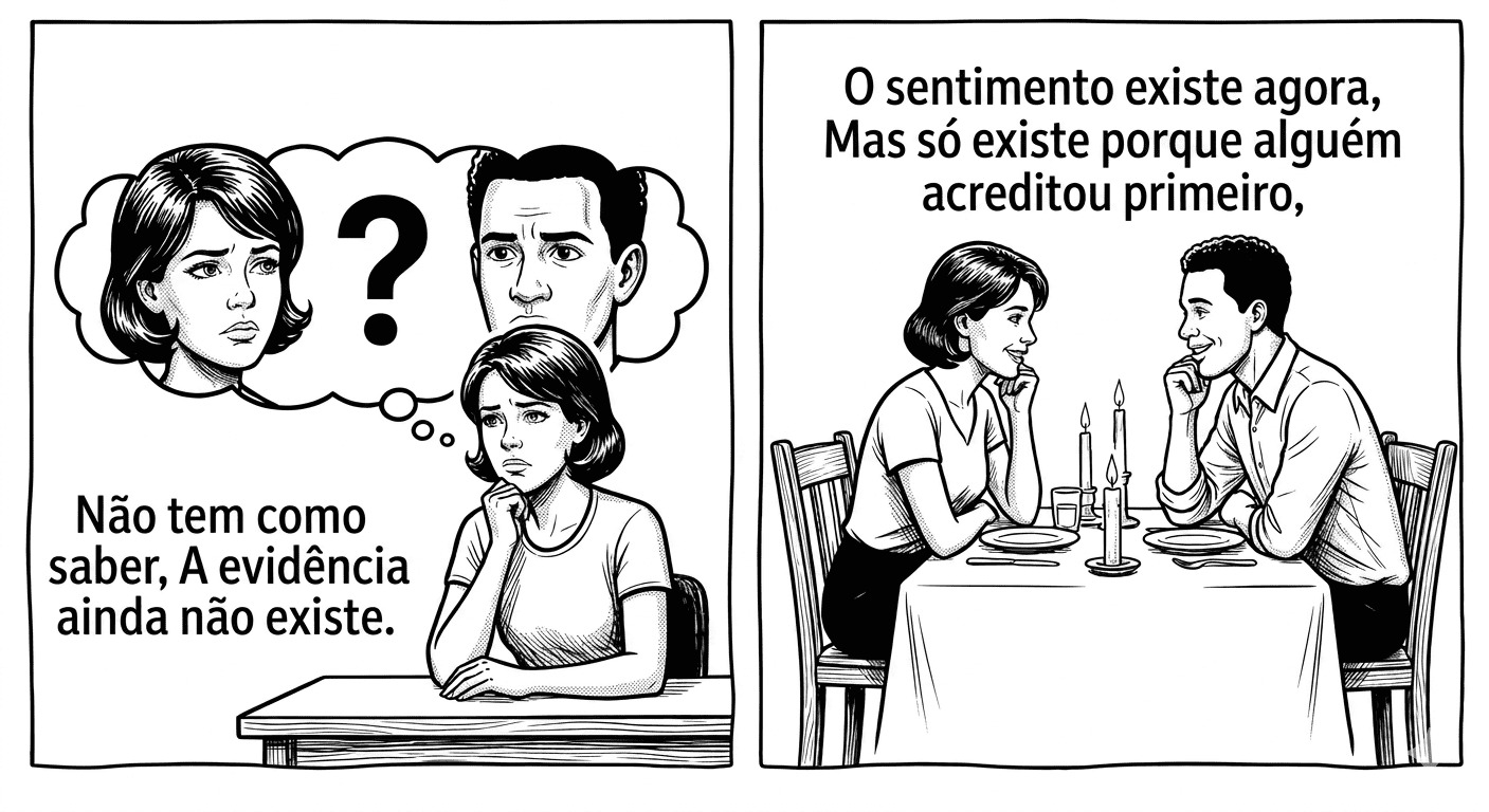 Tirinha em dois quadros sobre crença e evidência no amor. No primeiro quadro, uma jovem pensativa apoia o queixo na mão enquanto imagina dois rostos — uma mulher e um homem — separados por um ponto de interrogação. A legenda diz: "Não tem como saber. A evidência ainda não existe." No segundo quadro, o casal está sentado frente a frente em um jantar à luz de velas, sorrindo um para o outro. O texto conclui: "O sentimento existe agora, mas só existe porque alguém acreditou primeiro."
