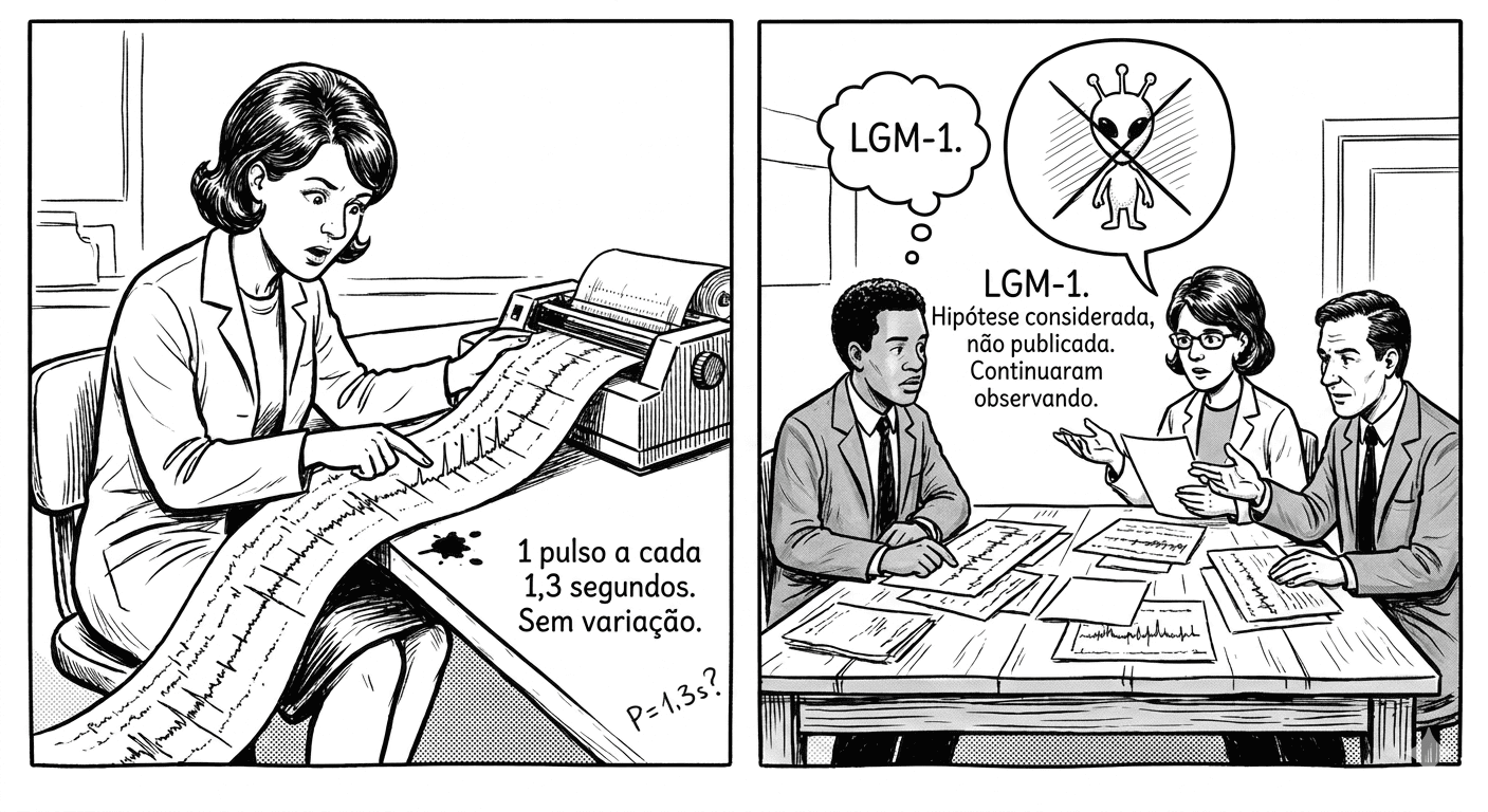 Tirinha em dois quadros ilustrando a descoberta do primeiro pulsar. No primeiro quadro, uma cientista analisa surpresa uma longa fita de papel saindo de um equipamento de registro, com o texto: "1 pulso a cada 1,3 segundos. Sem variação." e a anotação "P=1,3s?". No segundo quadro, três cientistas reunidos em torno de uma mesa coberta de gráficos discutem o achado. A cientista pensa "LGM-1" com um alienígena riscado no balão de pensamento — indicando que a hipótese extraterrestre foi considerada e descartada. Um dos colegas fala: "LGM-1. Hipótese considerada, não publicada. Continuaram observando."